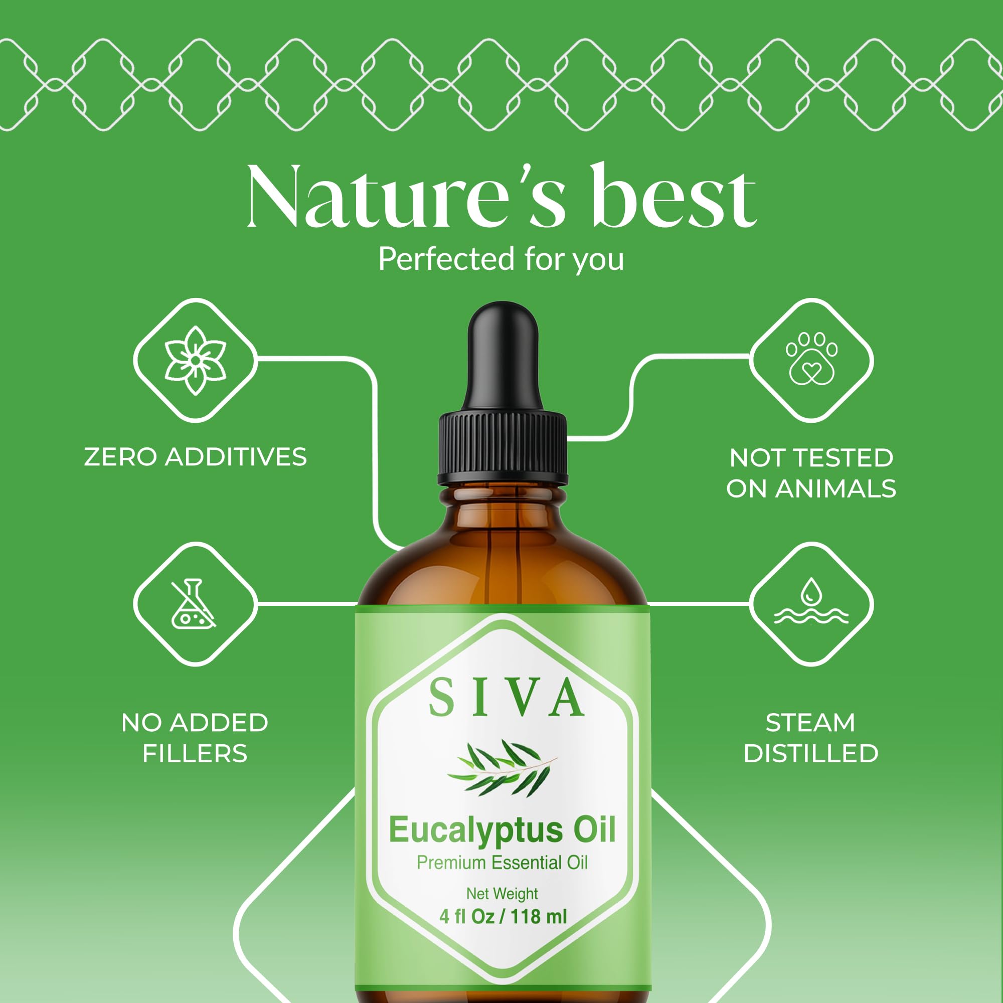 Close-up of Siva Eucalyptus Essential Oil bottle