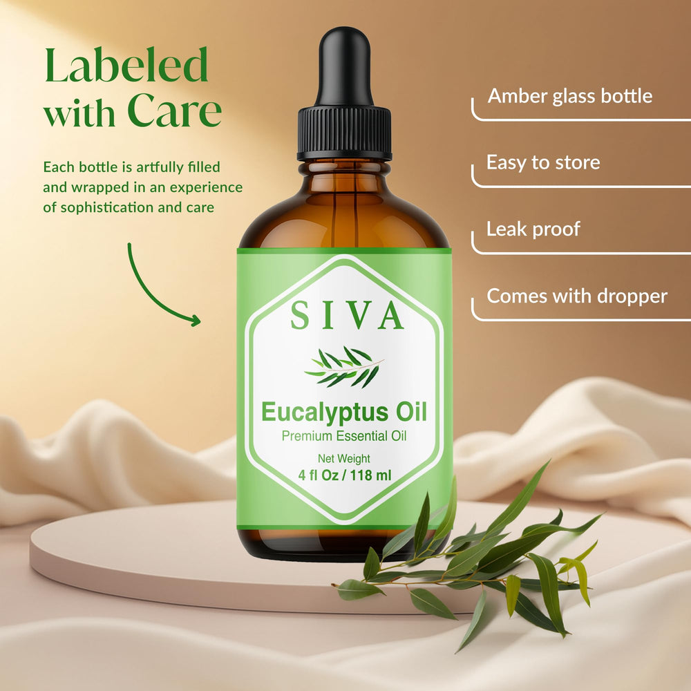 Siva Eucalyptus Essential Oil bottle label showing 4 oz
