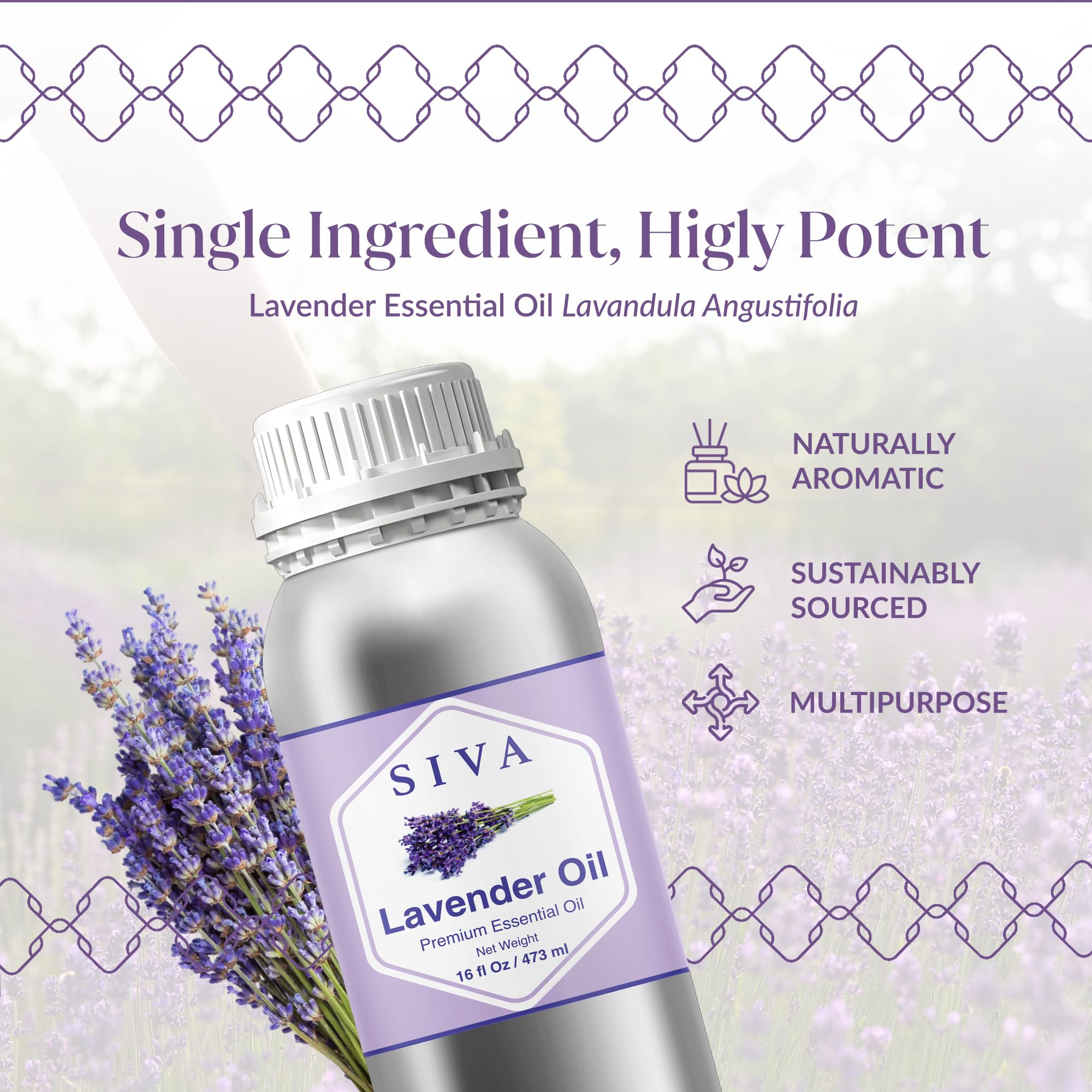 Close-up of SIVA Lavender Essential Oil bottle