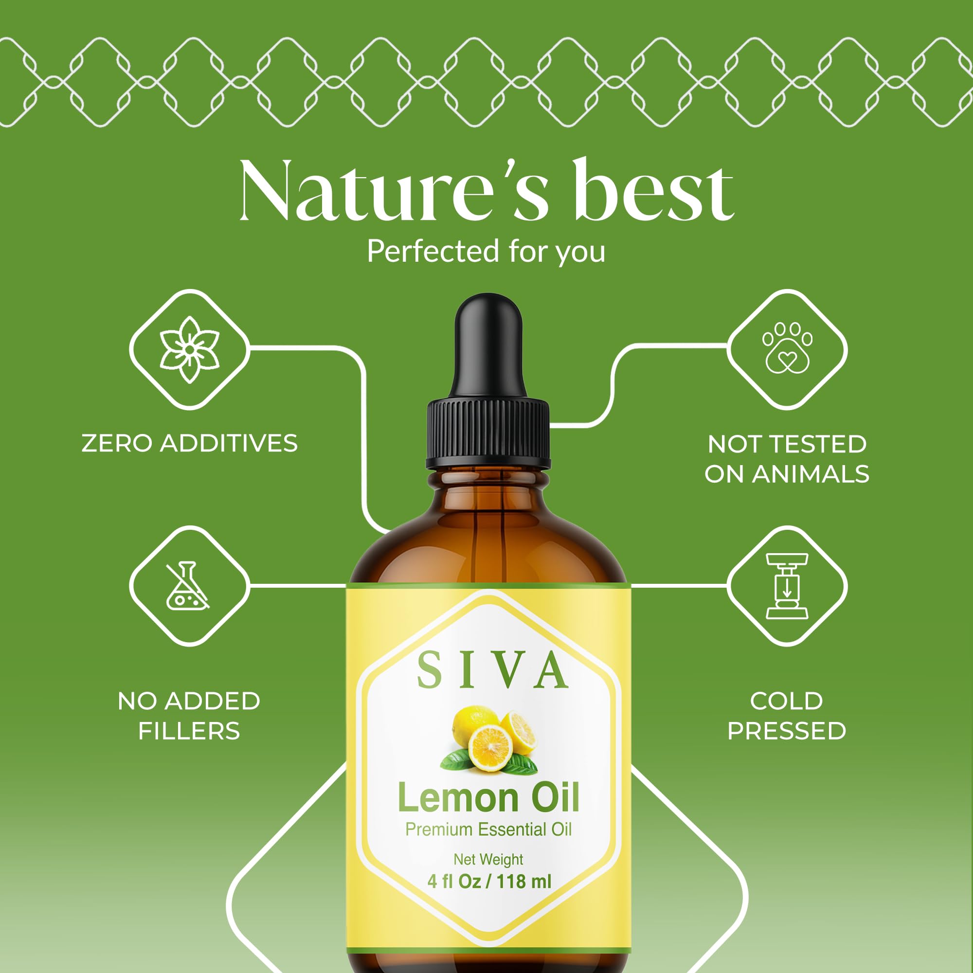 Close-up of SIVA Lemon Essential Oil bottle
