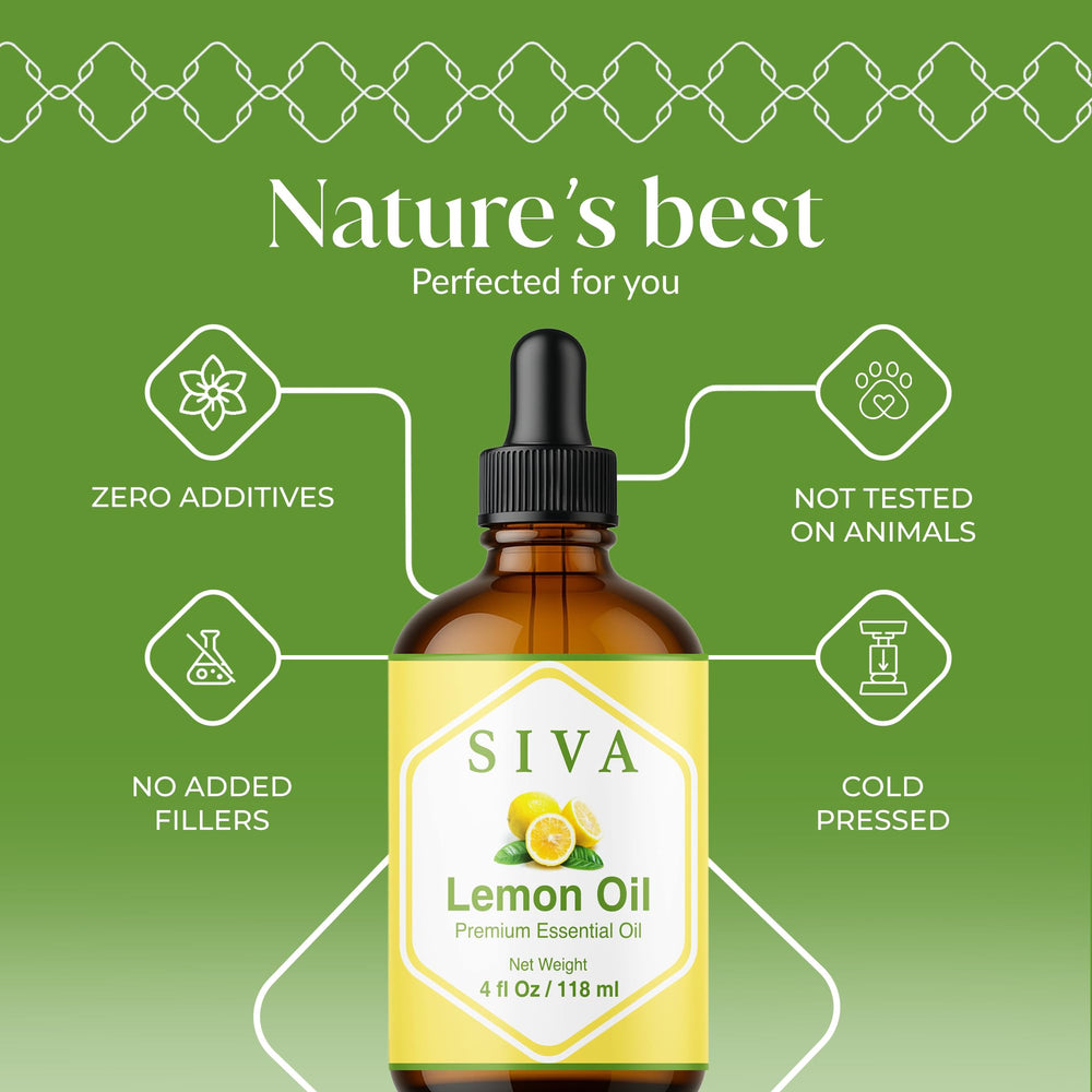 Close-up of SIVA Lemon Essential Oil bottle