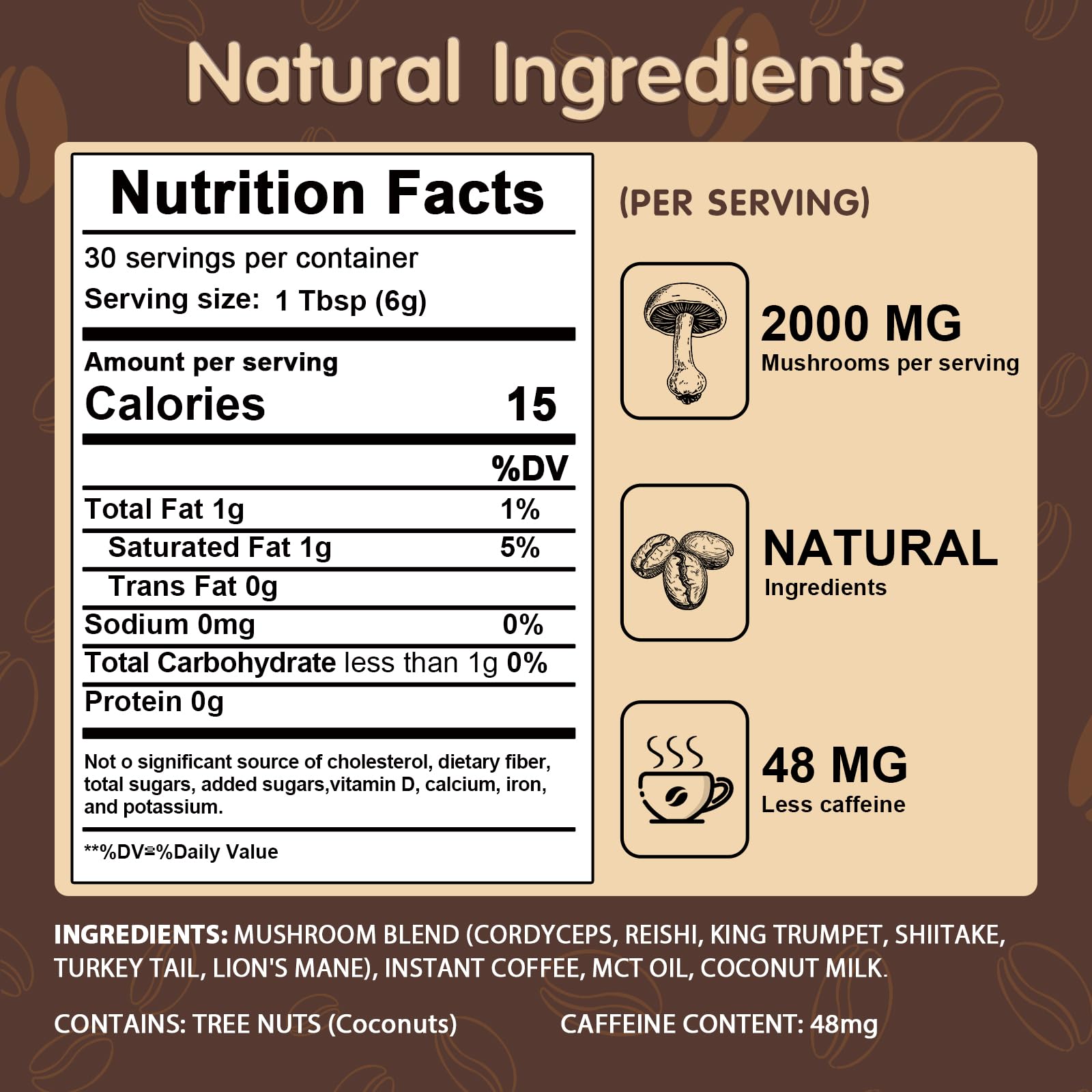 Illustration of six adaptogenic mushrooms: Lion's Mane, Cordyceps, Turkey Tail, Reishi, Shiitake, King Trumpet