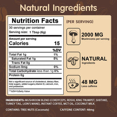 Illustration of six adaptogenic mushrooms: Lion's Mane, Cordyceps, Turkey Tail, Reishi, Shiitake, King Trumpet