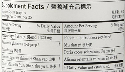 Close-up of Plum Flower logo and Liu Wei Di Huang Wan teapills bottle label
