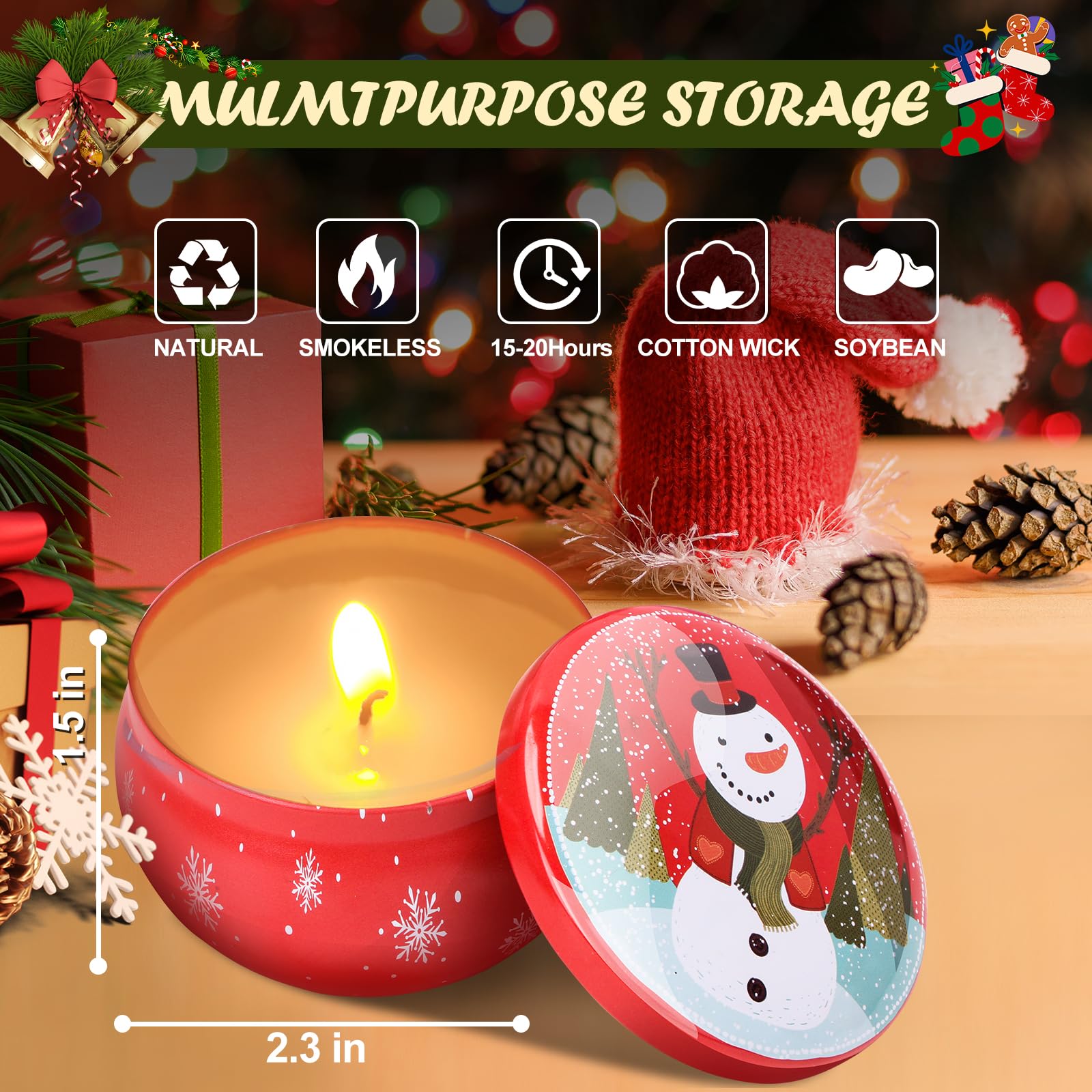 Set of six aromatherapy candles with fragrances including winter fir, pineapple coffee, red wine gingerbread, apple cinnamon, lemon vanilla and musk cedar