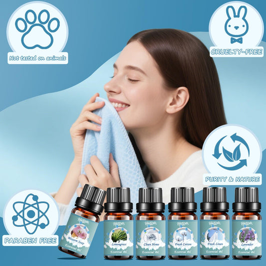 Six fragrance diffuser oil bottles displayed together.