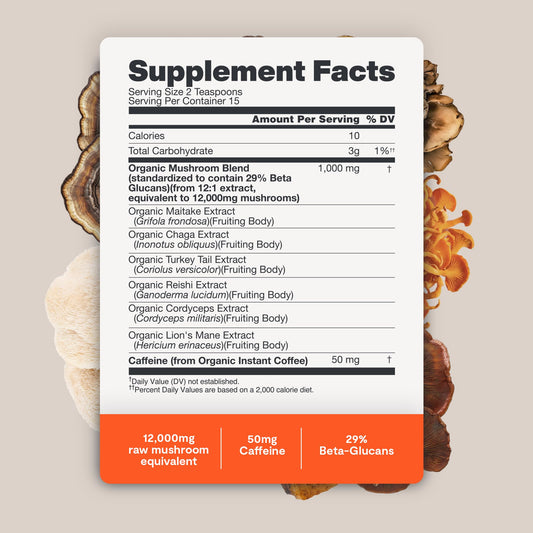Six-mushroom blend: Lion's Mane, Reishi, Cordyceps, Chaga, Turkey Tail, Maitake