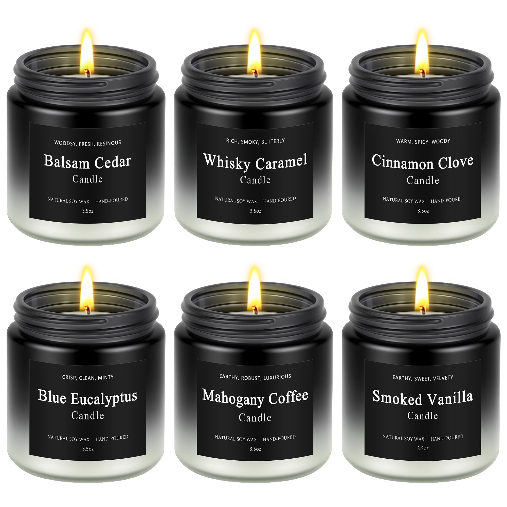 Six-pack men's candles collection featuring balsam cedar, cinnamon clove, whisky caramel, blue eucalyptus, mahogany coffee and smoked vanilla