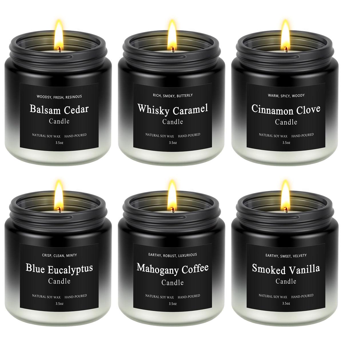 Six-pack men's candles collection featuring balsam cedar, cinnamon clove, whisky caramel, blue eucalyptus, mahogany coffee and smoked vanilla