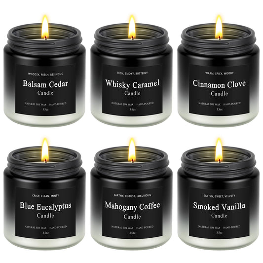 Six-pack men's candles collection featuring balsam cedar, cinnamon clove, whisky caramel, blue eucalyptus, mahogany coffee and smoked vanilla