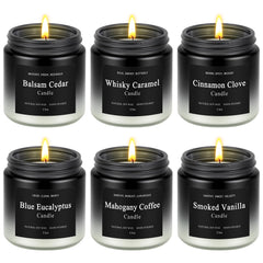 Six-pack men's candles collection featuring balsam cedar, cinnamon clove, whisky caramel, blue eucalyptus, mahogany coffee and smoked vanilla