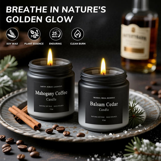 Balsam cedar scented candle close-up from the set