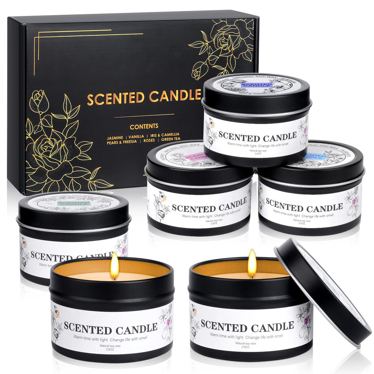 Six jars of scented candles in a gift set featuring Iris & Camellia, Rose, Vanilla, Pear & Freesia, Green Tea, Jasmine.