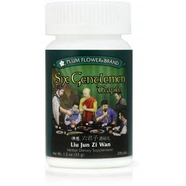 Six Gentlemen Teapills (Liu Jun Zi Wan) traditional Chinese herbal formula bottle on a neutral background