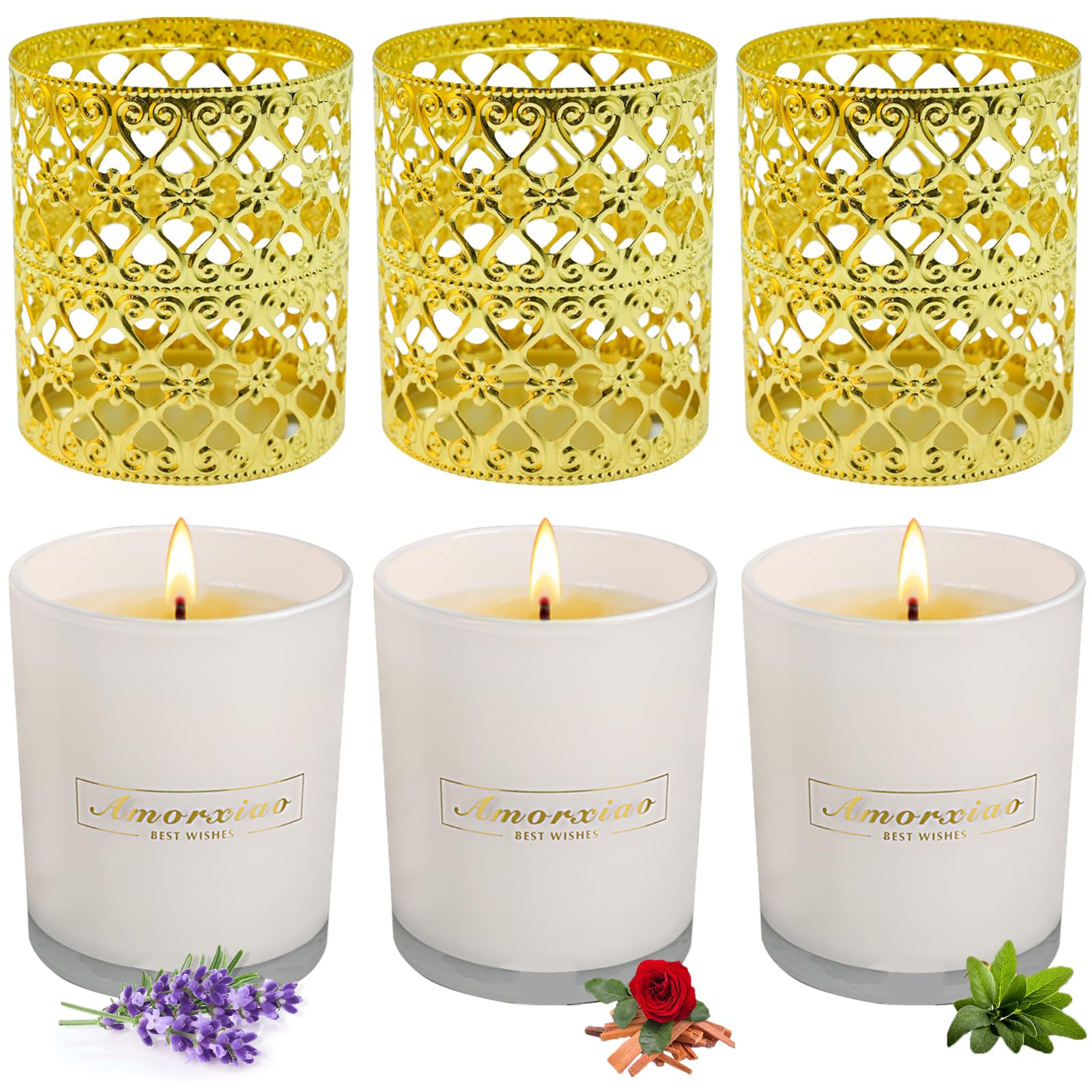 Six-pack candles with gold holders front view