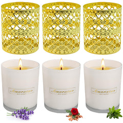 Six-pack candles with gold holders front view