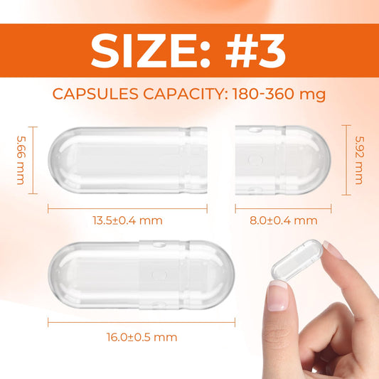 Close-up of clear small capsules size 3