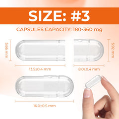 Close-up of clear small capsules size 3