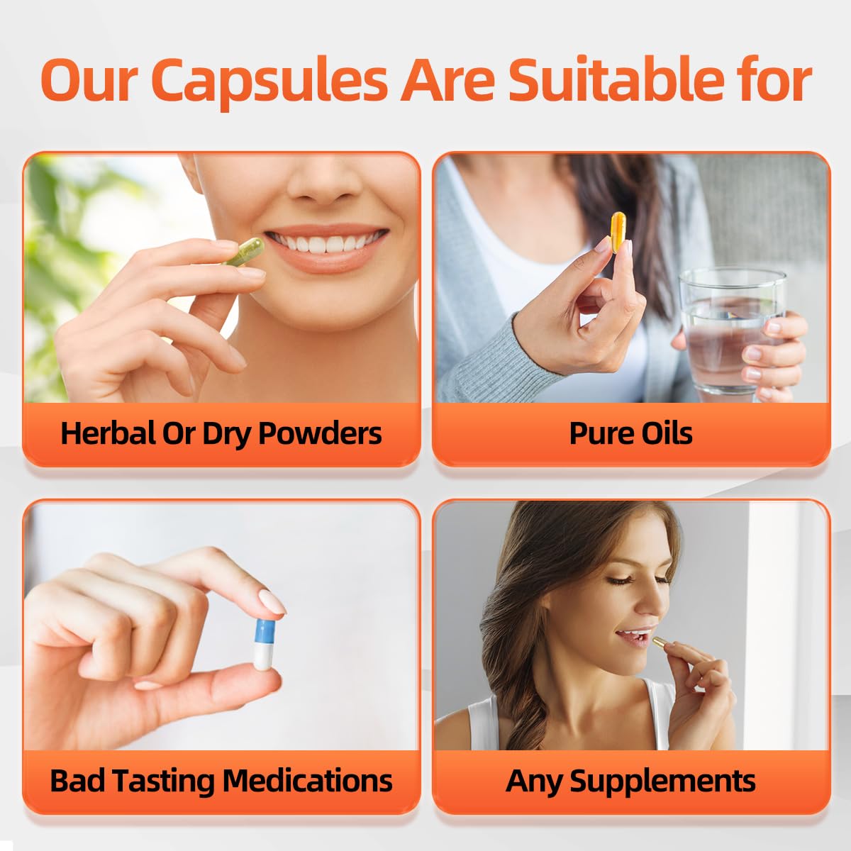 Empty capsules available in sizes 000, 00, 0, 1, 2, 3, and 4 for DIY use.