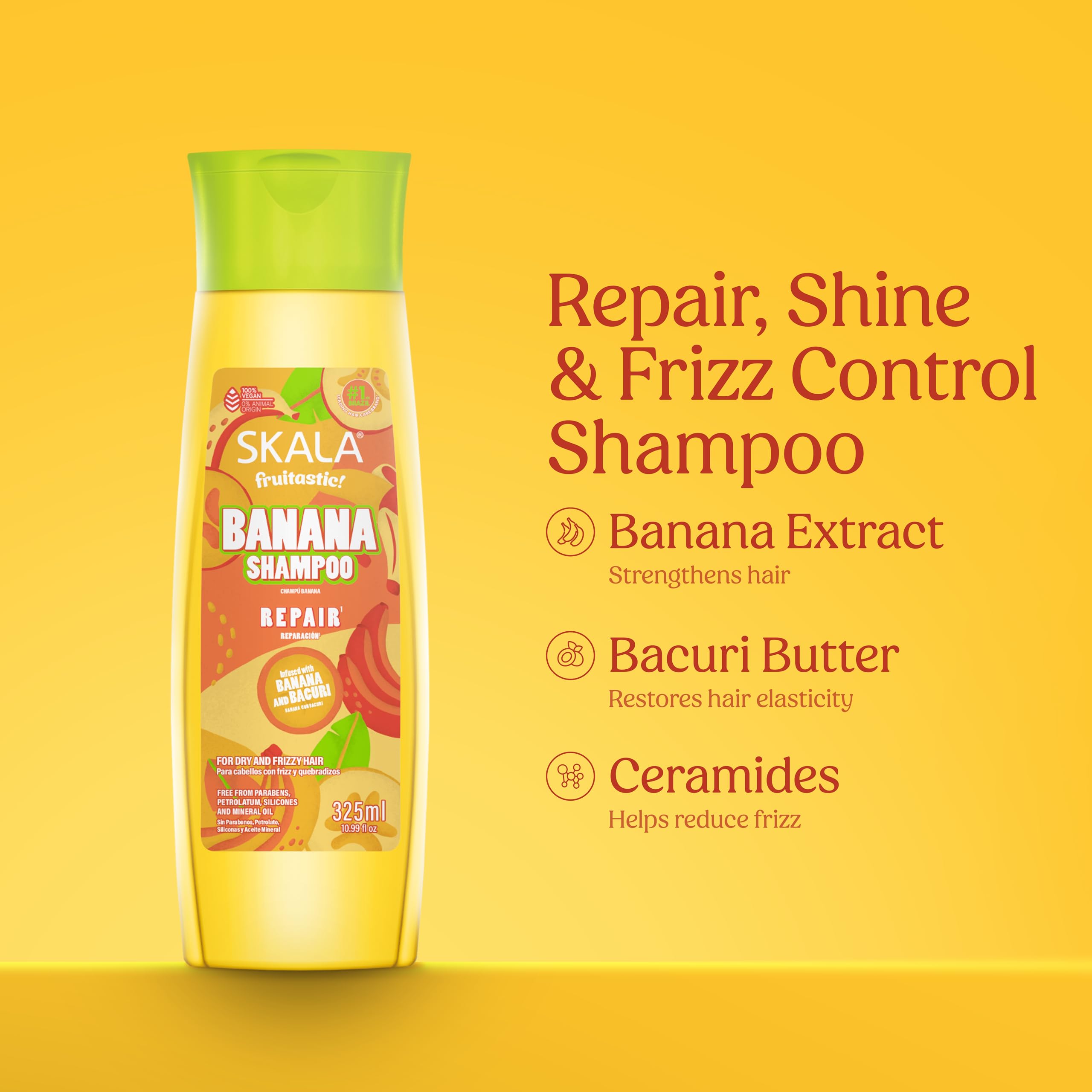 SKALA Banana Shampoo ingredient panel shows bacuri butter and ceramides for smooth hair