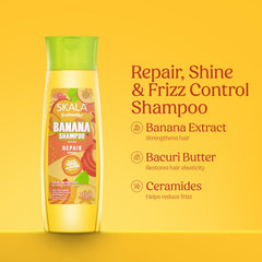 SKALA Banana Shampoo ingredient panel shows bacuri butter and ceramides for smooth hair