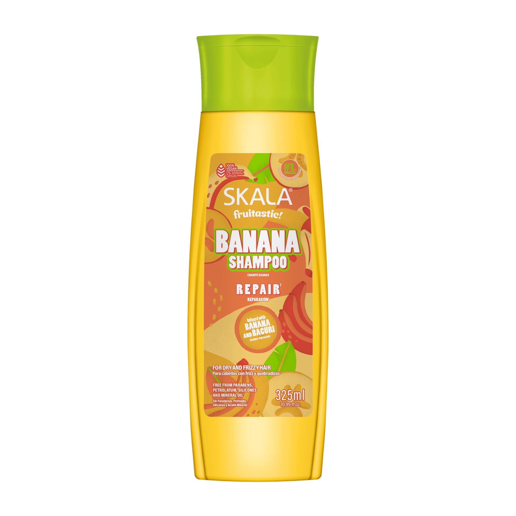 SKALA Banana Shampoo bottle close-up highlights frizz-control benefits