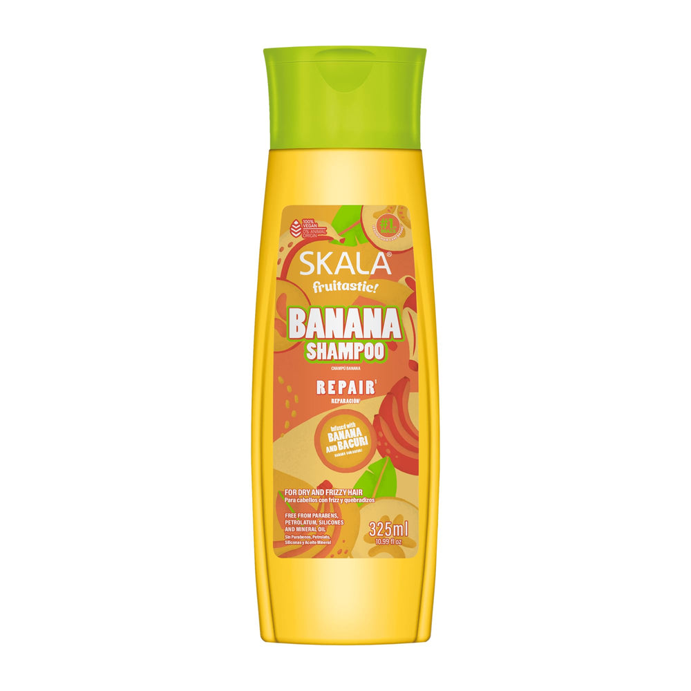 SKALA Banana Shampoo bottle close-up highlights frizz-control benefits