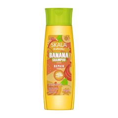 SKALA Banana Shampoo bottle close-up highlights frizz-control benefits