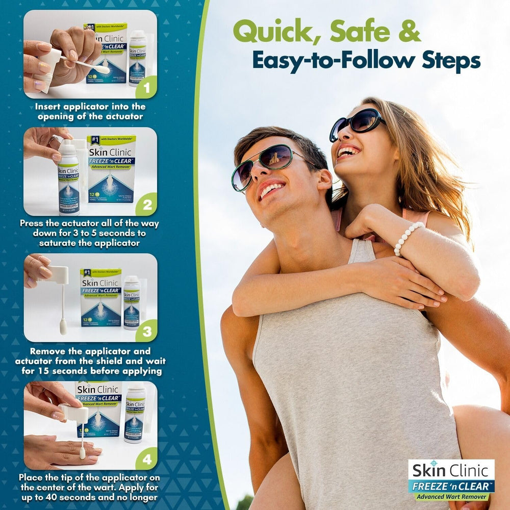 Step-by-step freezing process shown with Skin Clinic Freeze 'n Clear for safe use.