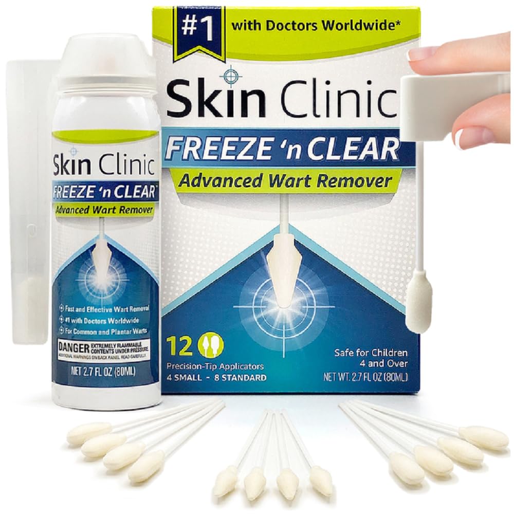 Skin Clinic Freeze 'n Clear kit with two applicator sizes for precise at-home wart treatment.