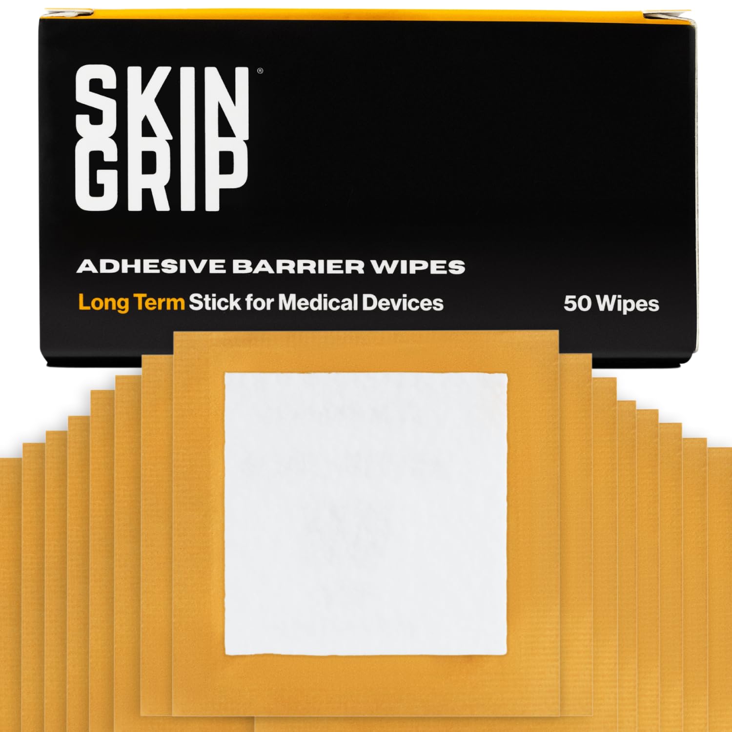 Skin Grip adhesive barrier wipes pack closeup demonstrates protective barrier for secure device adhesion