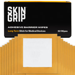 Skin Grip adhesive barrier wipes pack closeup demonstrates protective barrier for secure device adhesion