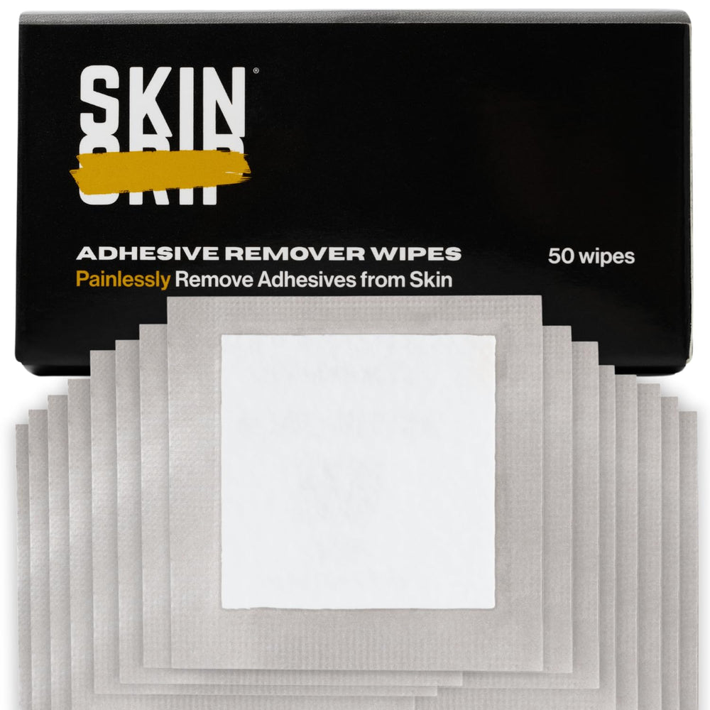 Skin Grip Adhesive Remover Wipes pack demonstrates travel-friendly, gentle adhesive removal for sensitive skin.