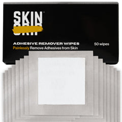Skin Grip Adhesive Remover Wipes pack demonstrates travel-friendly, gentle adhesive removal for sensitive skin.