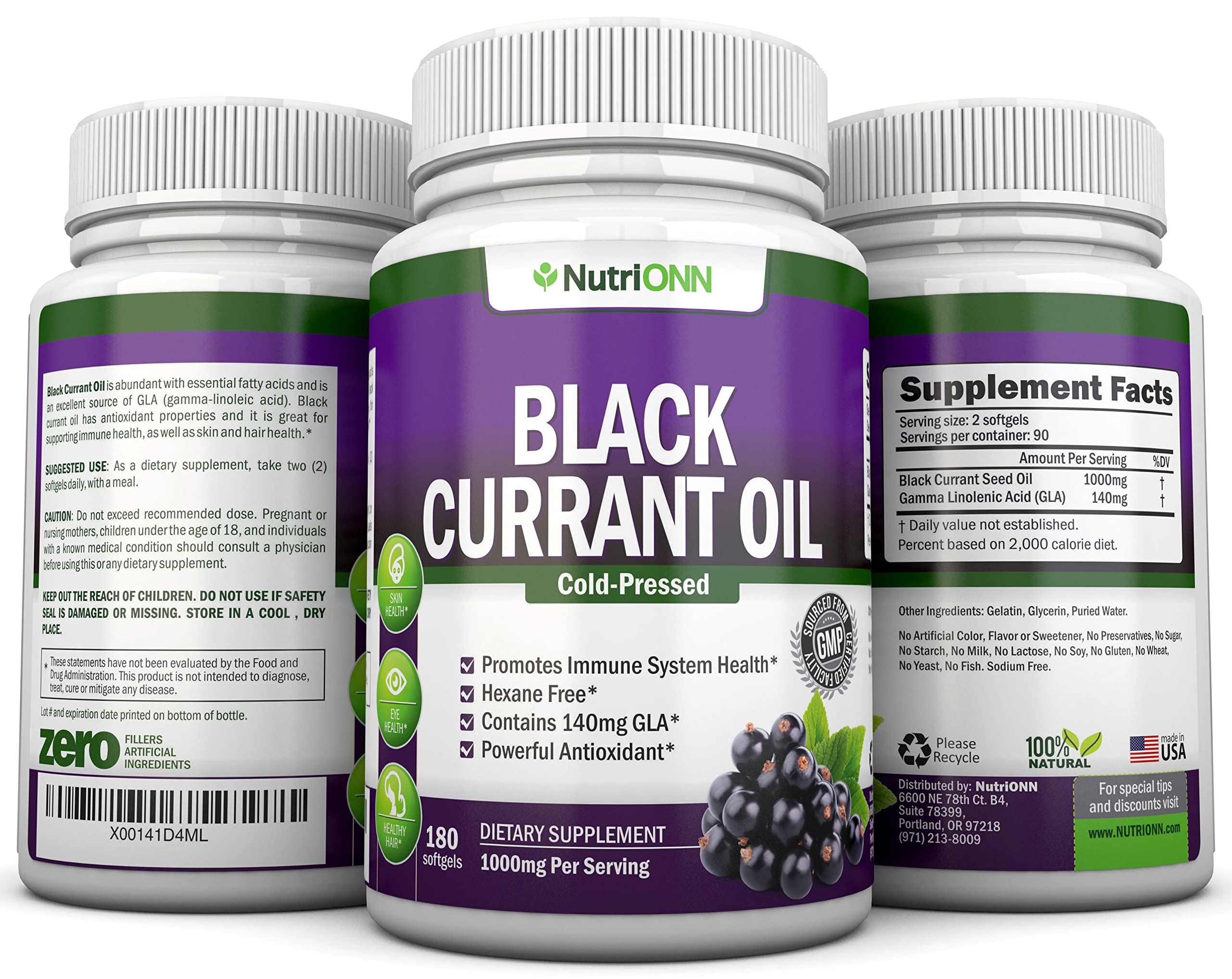 Illustration of skin and hair health benefits from black currant oil