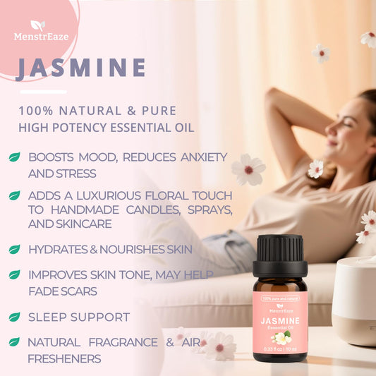 Close-up of jasmine essential oil bottle with dropper