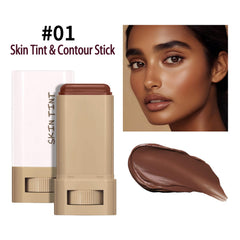 Skin Tint & Contour Stick—buildable coverage swatch showing light to medium tint.
