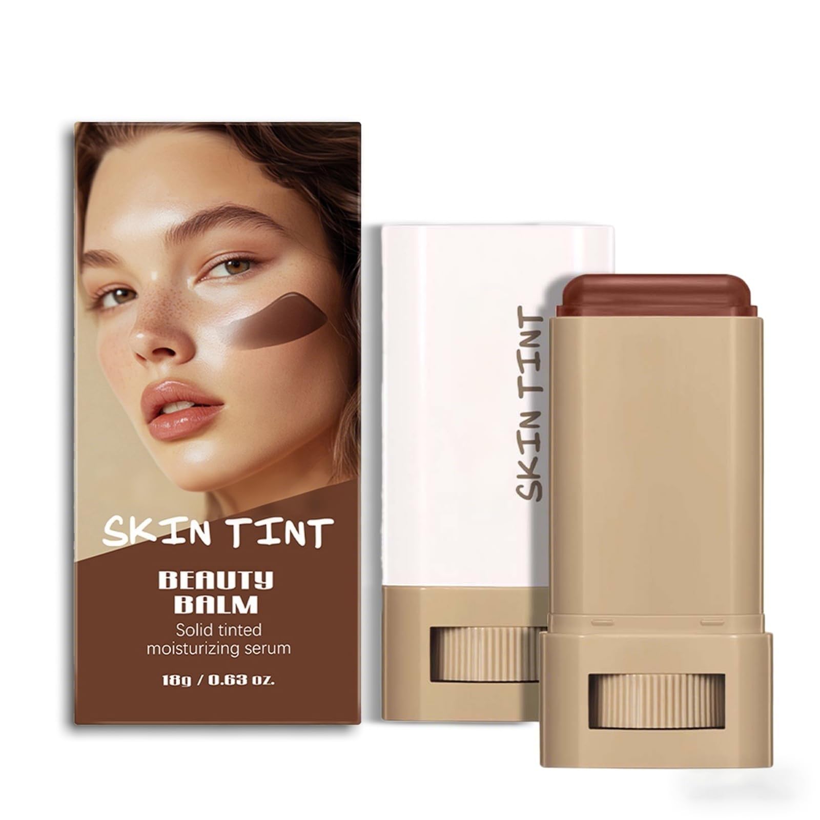 Skin Tint & Contour Stick close-up applying hydrating serum for a fresh look.