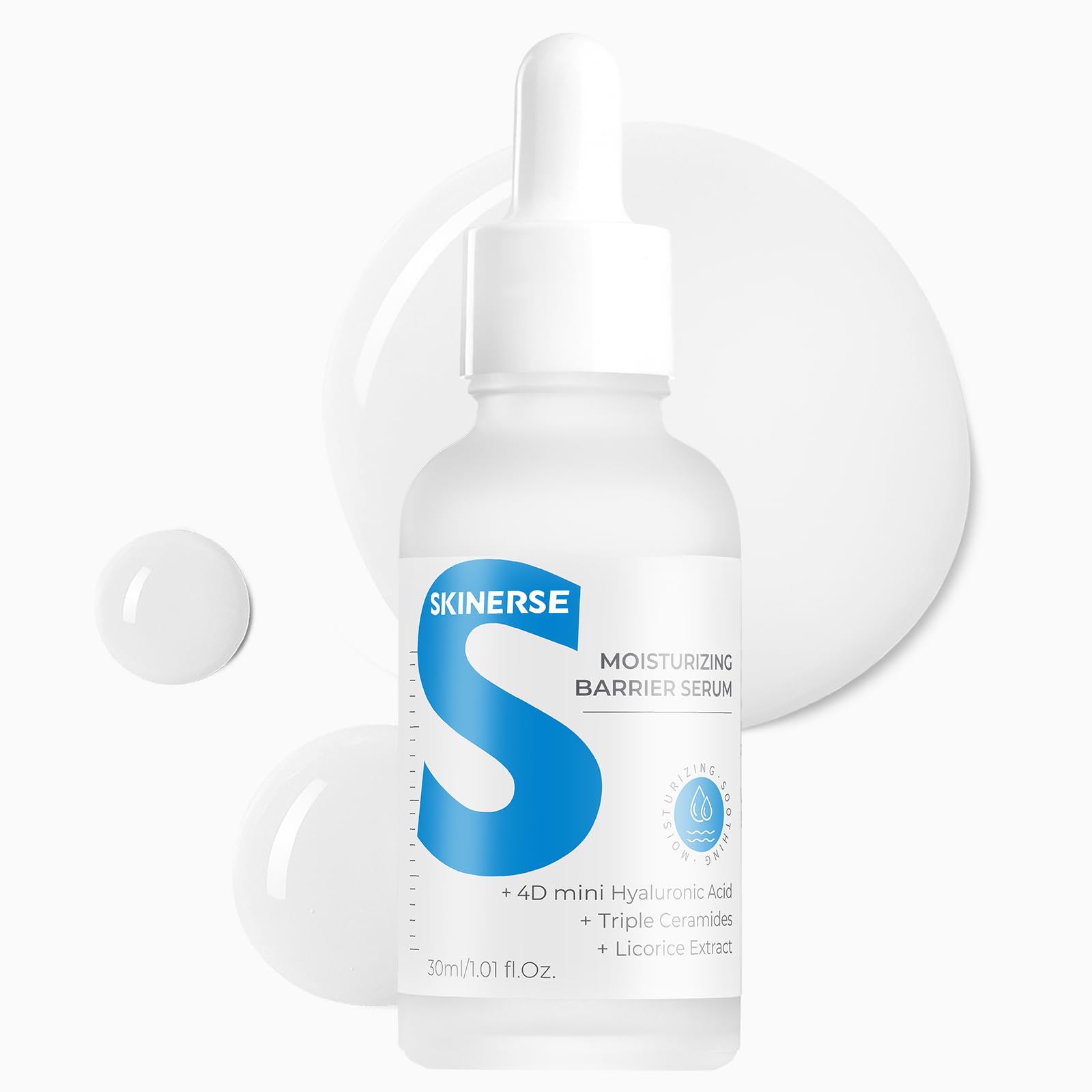 SKINERSE Moisturizing Barrier Serum bottle demonstrates multi-depth hydration with 4D hyaluronic acid.