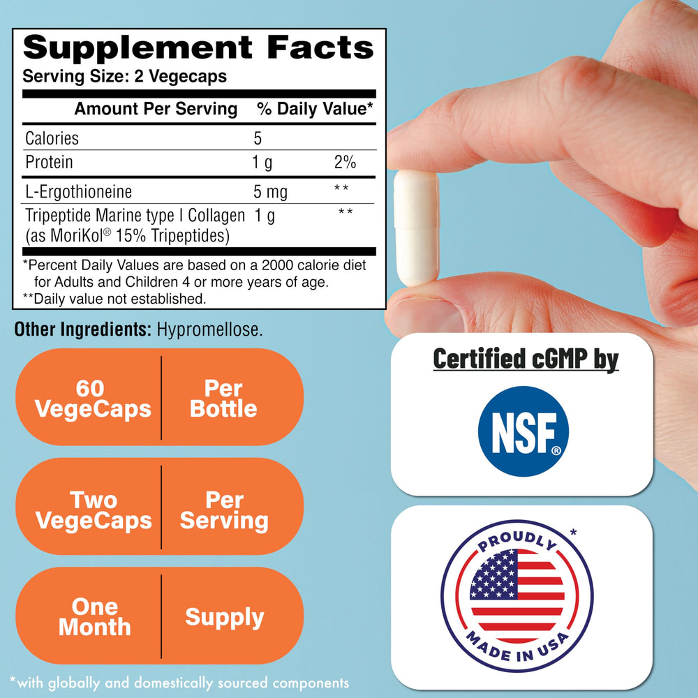 Close-up of Morikol Marine Collagen capsules with Tripeptide and EGT