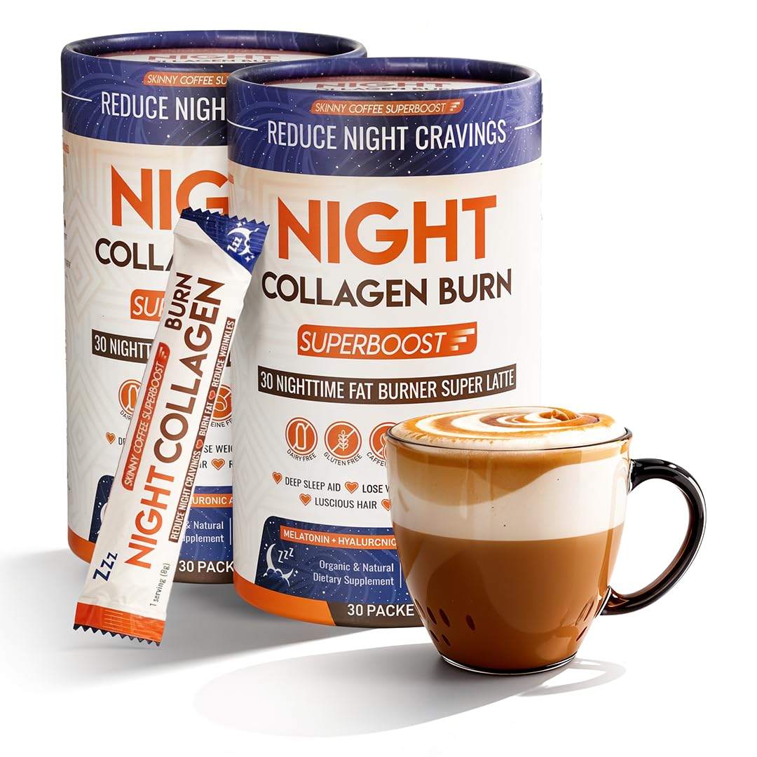Skinny Coffee SuperBoost Night Collagen Burn bottle for restful nights and cravings control.