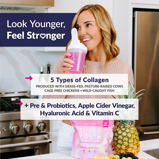 Scoop pouring collagen powder into a glass of water