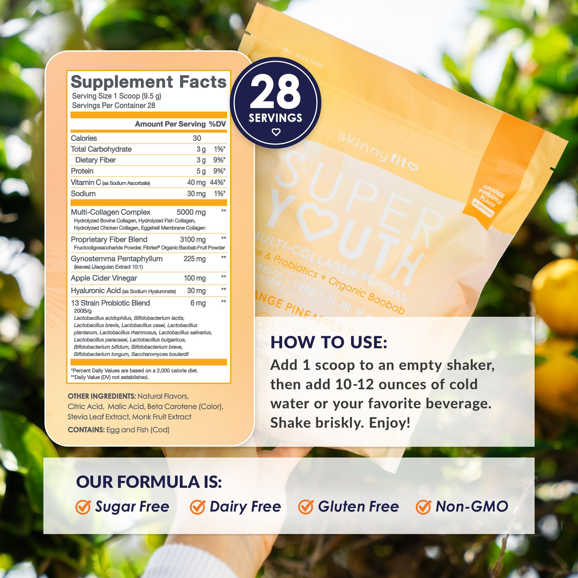 Nutrition facts highlighting 5 g protein and sugar-free