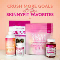 Glass of SkinnyFit Super Youth peach mango signaling flavorful daily ritual