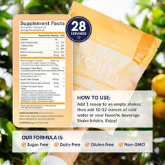 Ingredient bag highlighting collagen, probiotics, and hyaluronic acid for skin and gut support.