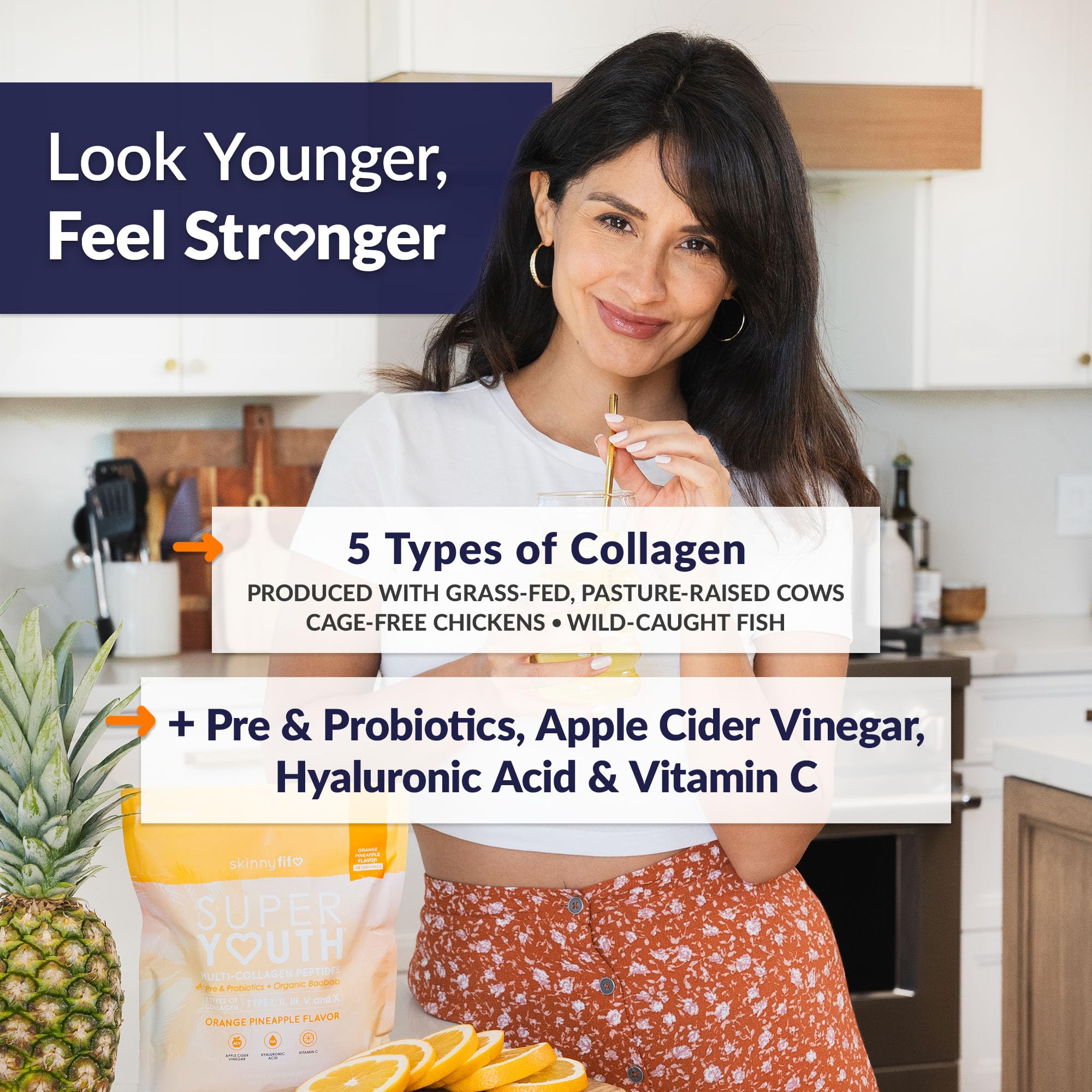 Scoop and glass ready to mix a protein-rich, sugar-free supplement.