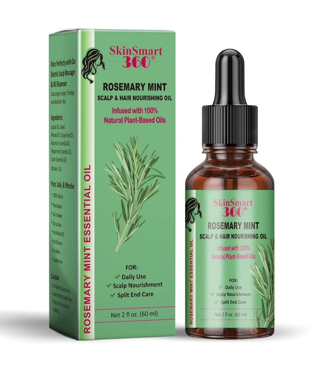 SkinSmart 360 rosemary mint oil bottle for a nourished scalp with a non-greasy feel.