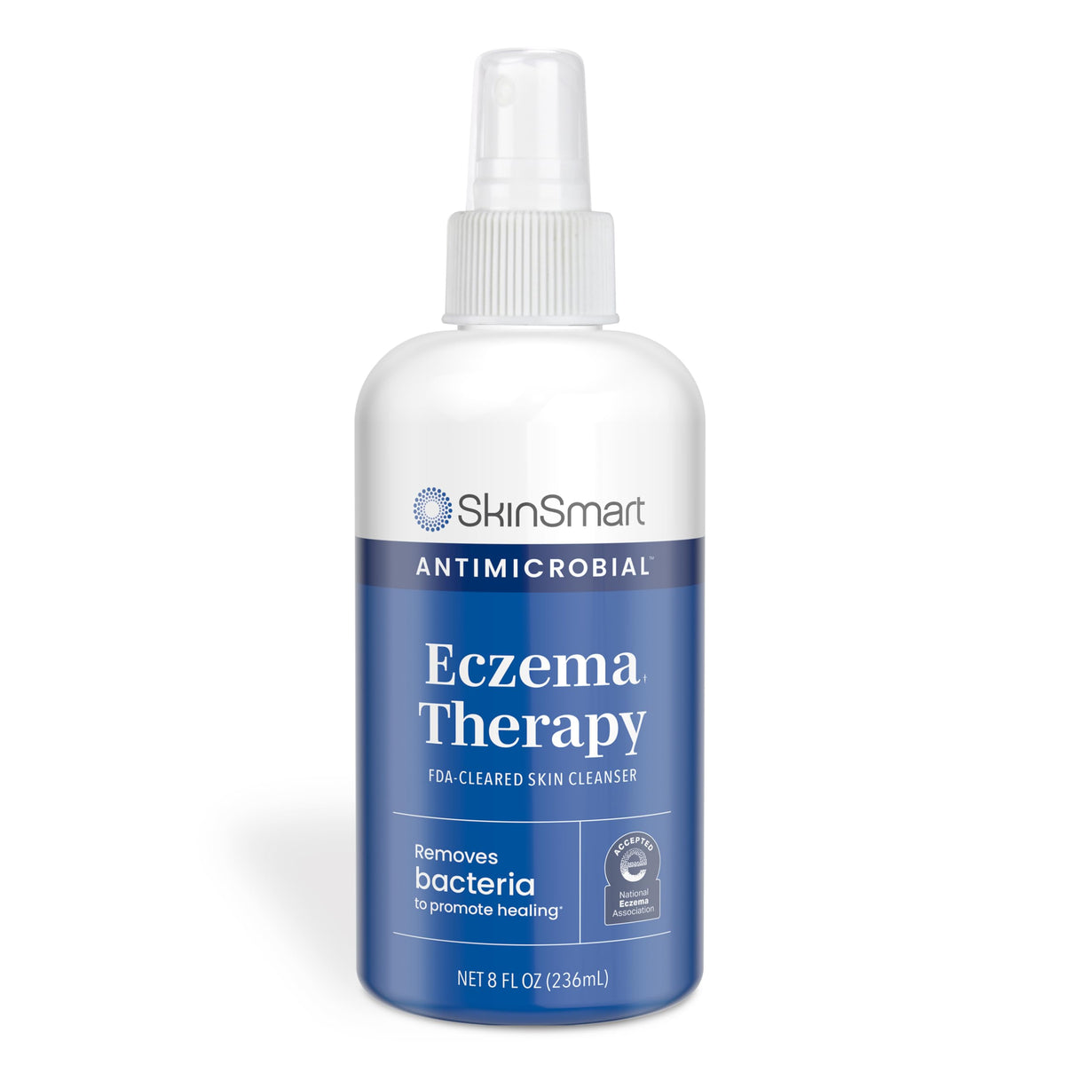 SkinSmart Antimicrobial eczema therapy bottle front shows easy daily skin care spray.