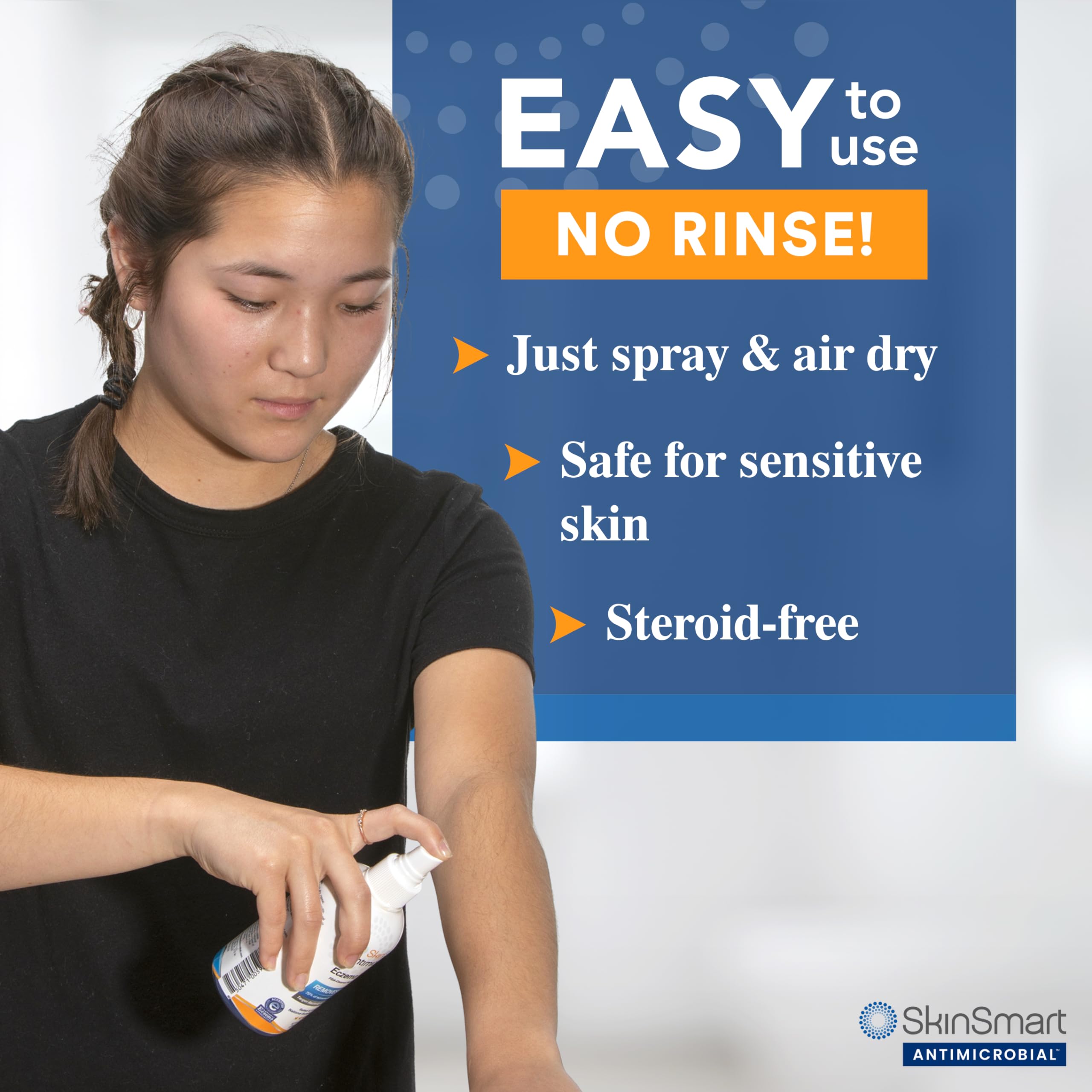 SkinSmart eczema therapy spray mist applied to arm for gentle antimicrobial care.