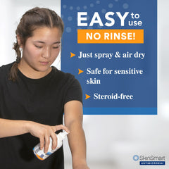 SkinSmart eczema therapy spray mist applied to arm for gentle antimicrobial care.